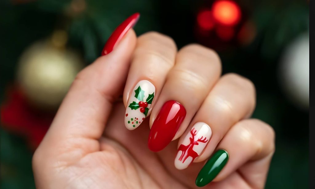 Red & Green Reindeer Holly Christmas Nails
