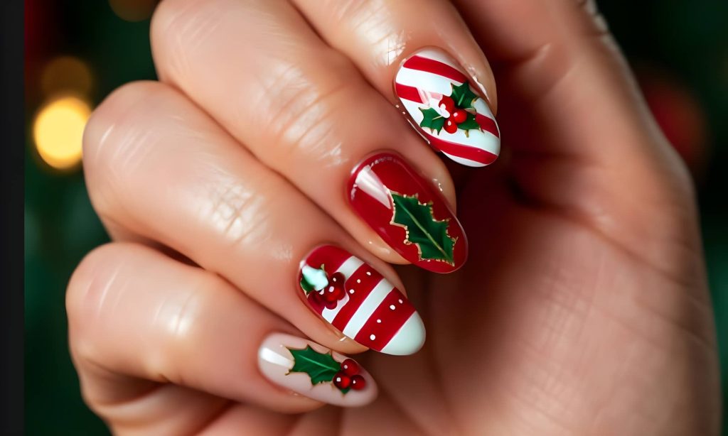 Candy Cane Stripes & Holly Berry Holiday Nails