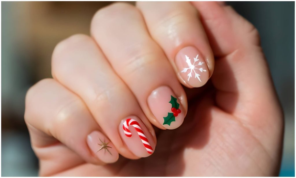 Simple Holly & Candy Cane Christmas Nails