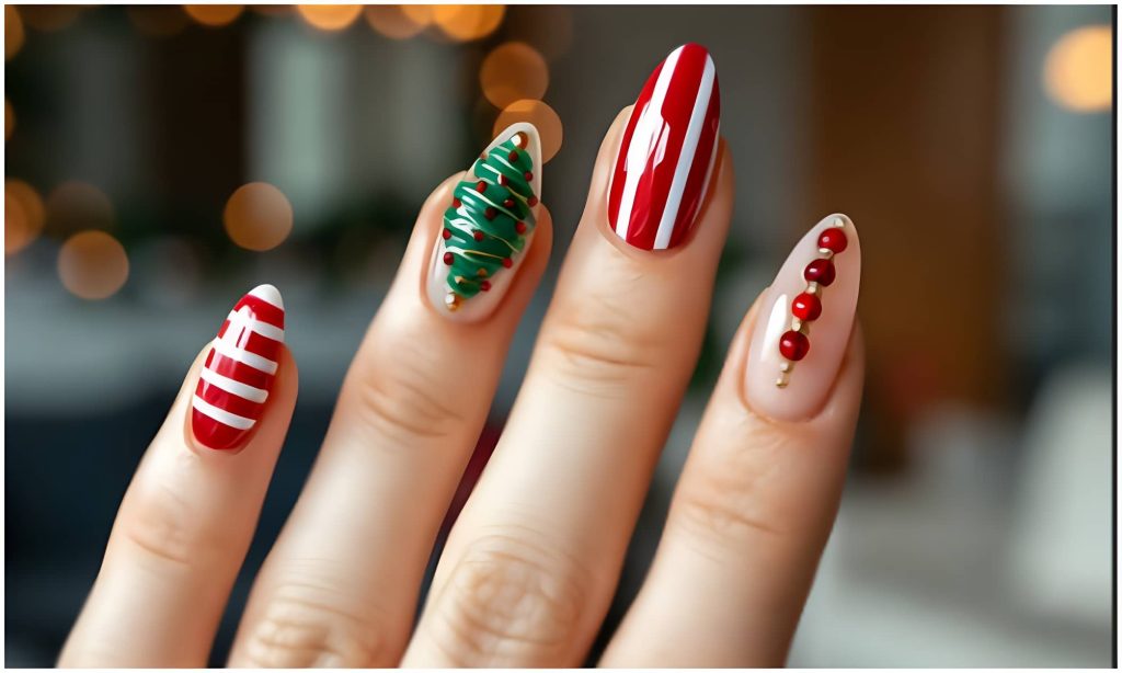 Candy Cane Stripes & 3D Christmas Tree Nails