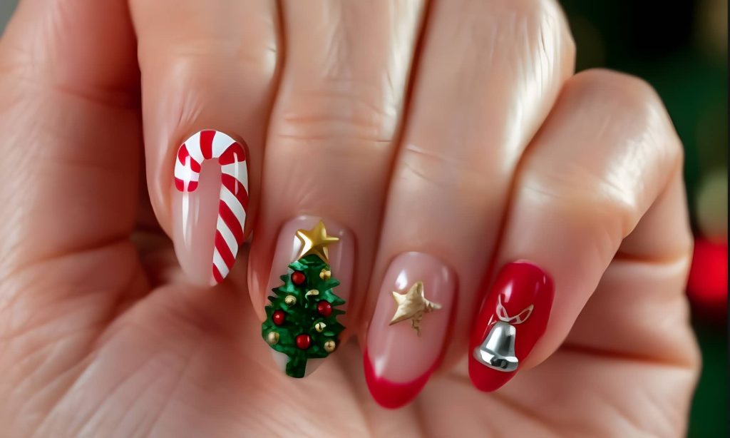 3D Christmas Tree & Candy Cane Holiday Nails
