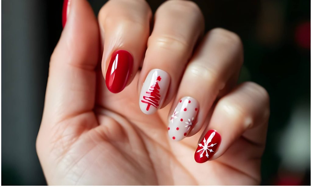 Simple Red Christmas Tree & Snowflake Nails