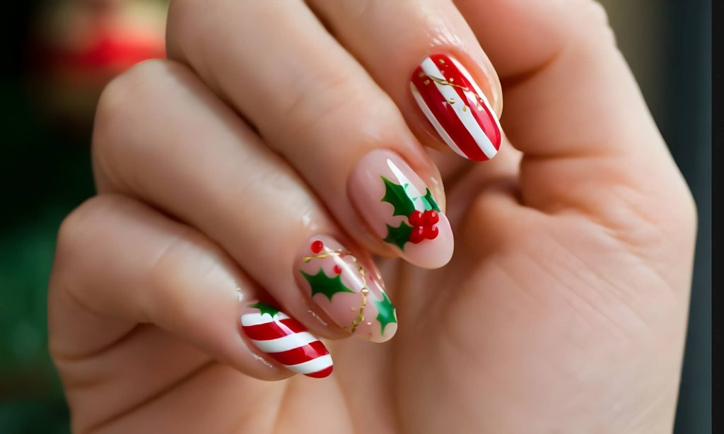 Candy Cane Stripes & Holly Berry Christmas Nails