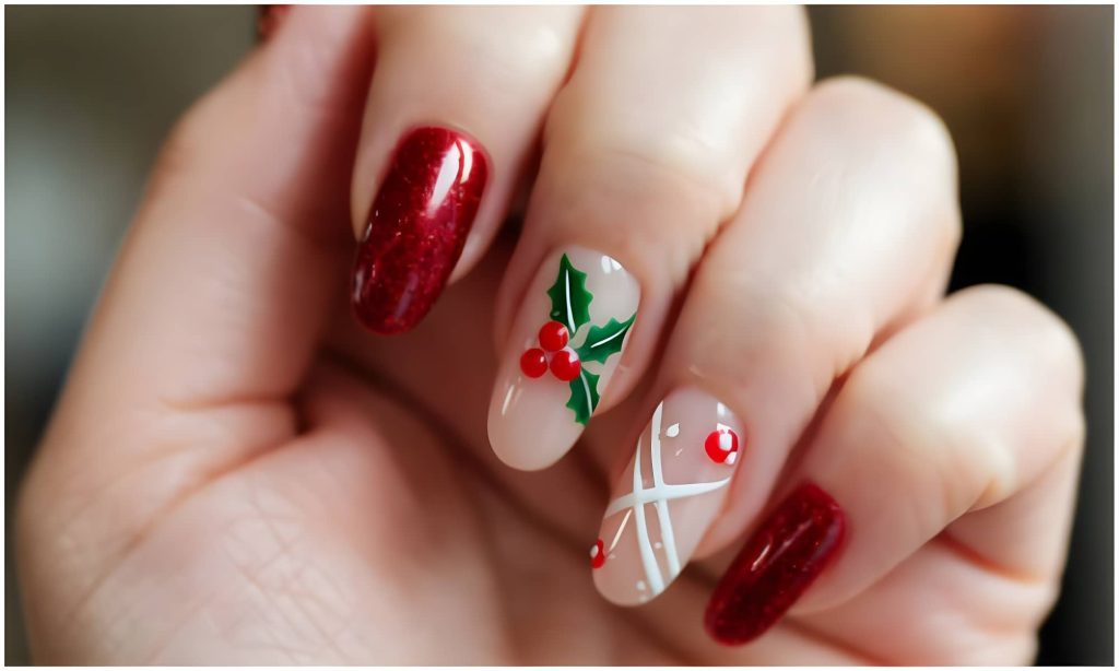Red Glitter & Holly Christmas Nails