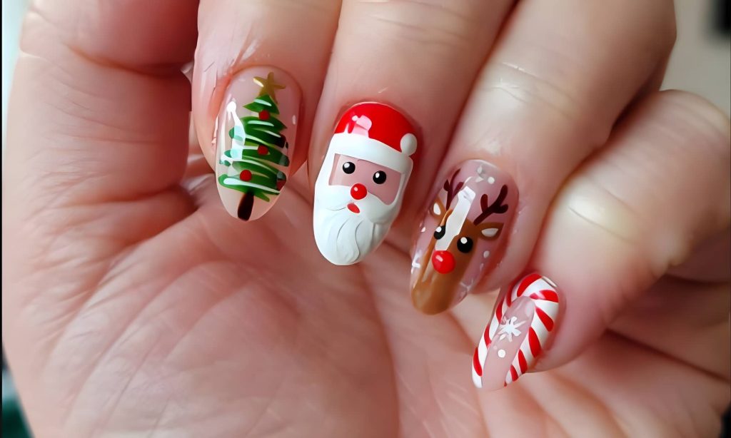 Santa, Reindeer & Candy Cane Christmas Nails
