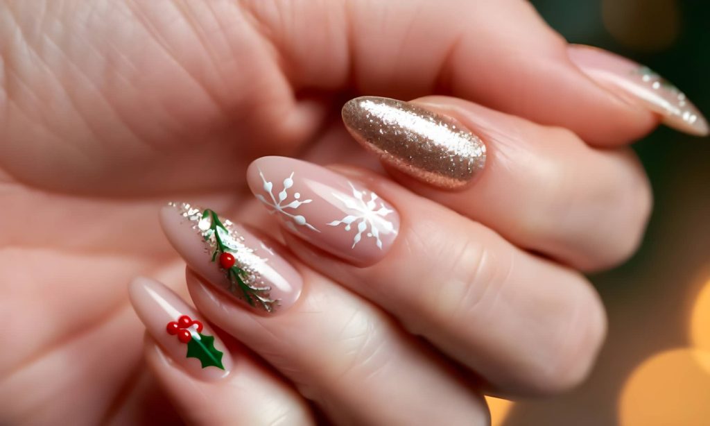 Golden Snowflake & Holly Christmas Nails