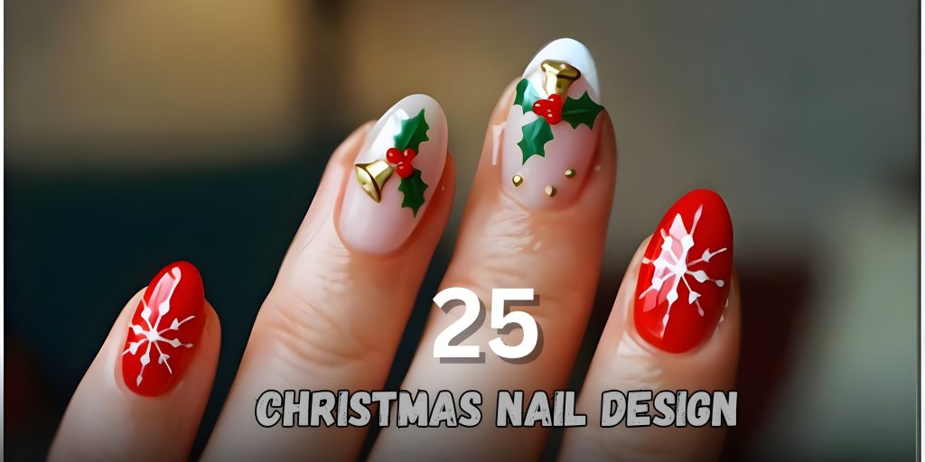 Christmas Holly & Candy Cane Nail Design